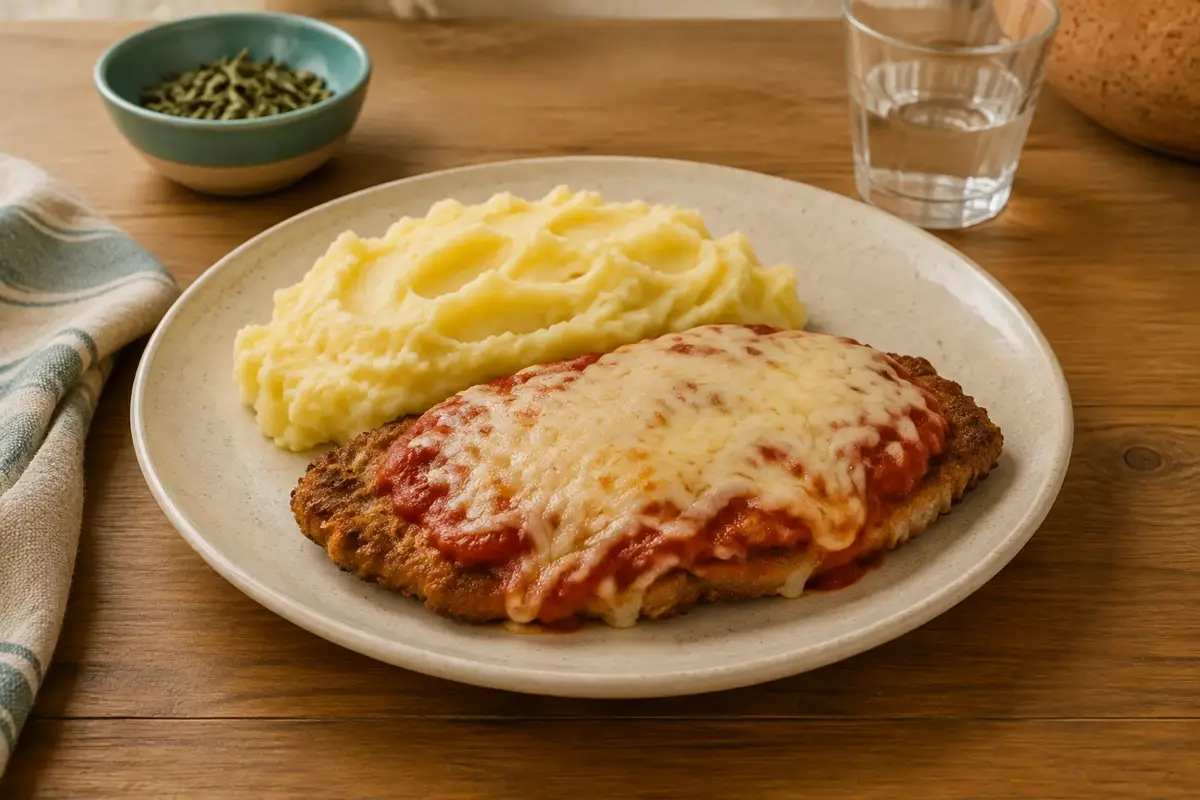 Milanesa napolitana con puré de papas servida sobre una mesa de cocina.